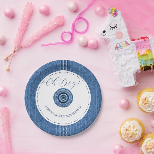 ブルージャン、ステッチとボタン男の赤ちゃんシャワー ペーパープレート (パーティー)