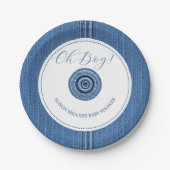 ブルージャン、ステッチとボタン男の赤ちゃんシャワー ペーパープレート (正面)