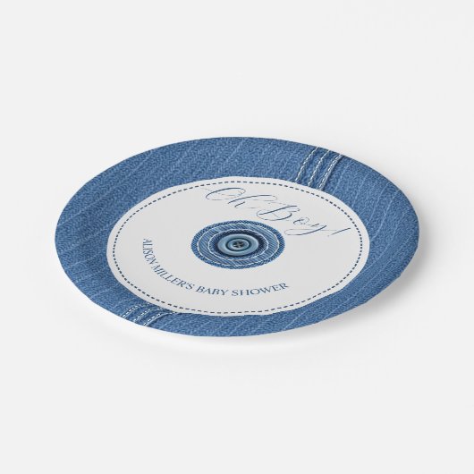 ブルージャン、ステッチとボタン男の赤ちゃんシャワー ペーパープレート (アングル)