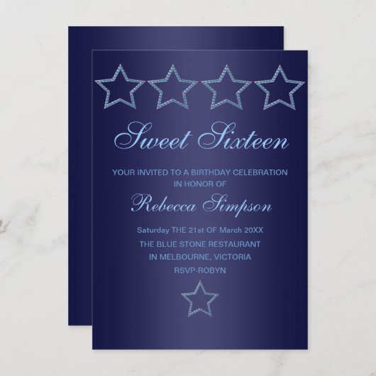 ブルージュエルスタースウィート16誕生日招待状 招待状 (正面/裏面)