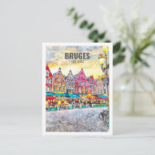 ブルージュベルギー有名な旅行水の色のスケッチ ポストカード (スタンド正面)