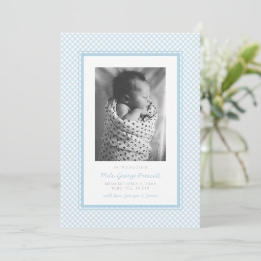 ブルージンガム甘シンプルい誕生1枚 案内状 (スタンド正面)