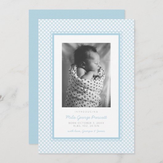 ブルージンガム甘シンプルい誕生1枚 案内状 (正面/裏面)