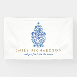 ブルージンジャージャー瓶の陶器ロゴデザイナー白/青 横断幕