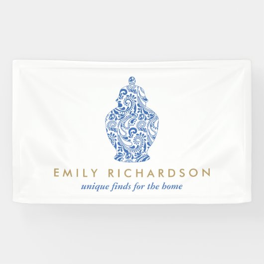 ブルージンジャージャー瓶の陶器ロゴデザイナー白/青 横断幕 (横)