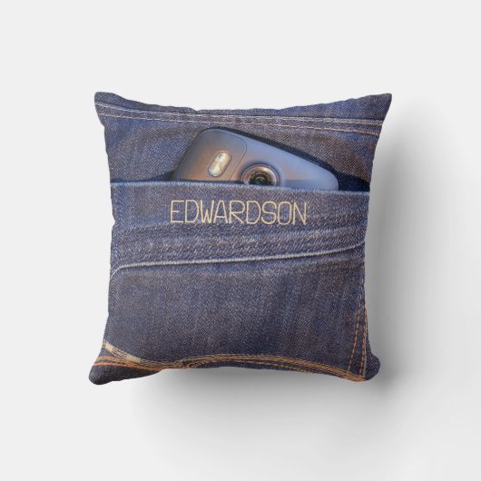 ブルージーンズのポケットモノグラムの名前の電クール話 クッション (裏面)