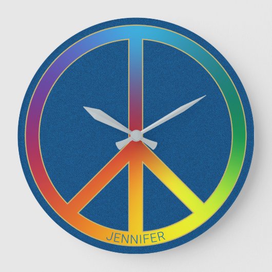 ブルージーンズテクスチャレインボーピースネームパーソナライズされた ラージ壁時計 (正面)