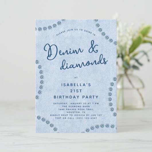 ブルージーンズデニムとダイヤモンド21歳の誕生日パーティー 招待状 (スタンド正面)