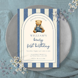 ブルージーン デニム テディベア 1歳の誕生日 招待状