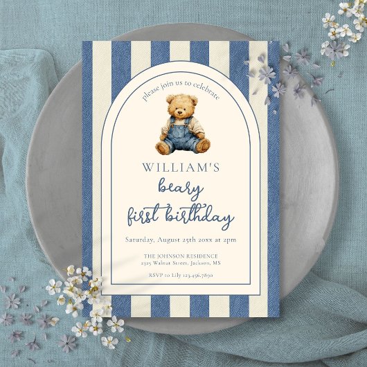 ブルージーン デニム テディベア 1歳の誕生日 招待状