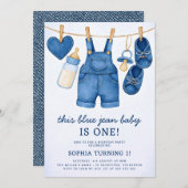 ブルージーン ベイビー モダン デニム 1歳の誕生日 招待状 (正面/裏面)