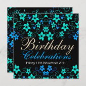 ブルースかわいらしフローラ誕生日招待状 招待状 (正面/裏面)