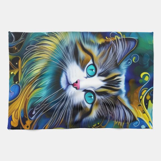 ブルースとゴールズの美しい神秘的な猫 キッチンタオル (横)