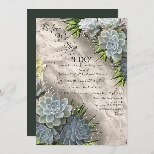 ブルースと緑の淡い色のチューブ状葉の多肉眼 招待状 (正面/裏面)