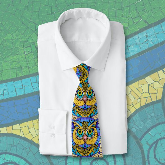 ブルースと黄色のおもしろい鳥をテーマにしたフクロウ・モザイク ネクタイ