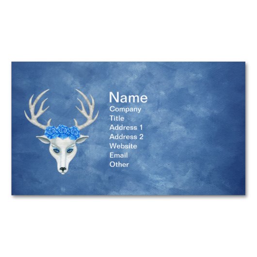 ブルースにバラを着た神話の白い鹿の頭 マグネット名刺 (正面)