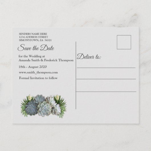 ブルースの多肉的淡い色のな色合いが日付を保存 案内ポストカード (裏面)