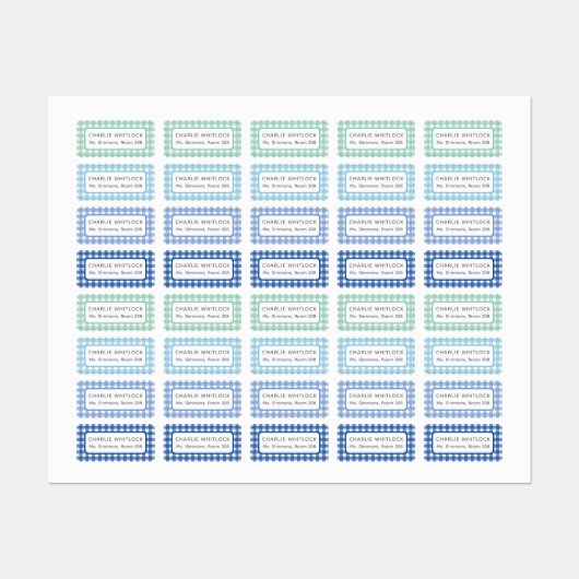 ブルースアンドグリーンGingham Plaid小学校 ラベル (シート)