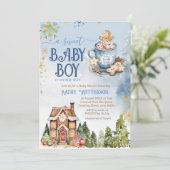ブルースウィート男の赤ちゃんジンジャーブレッドハウスベビーシャワー 招待状 (スタンド正面)