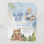 ブルースウィート男の赤ちゃんジンジャーブレッドハウスベビーシャワー 招待状 (正面/裏面)