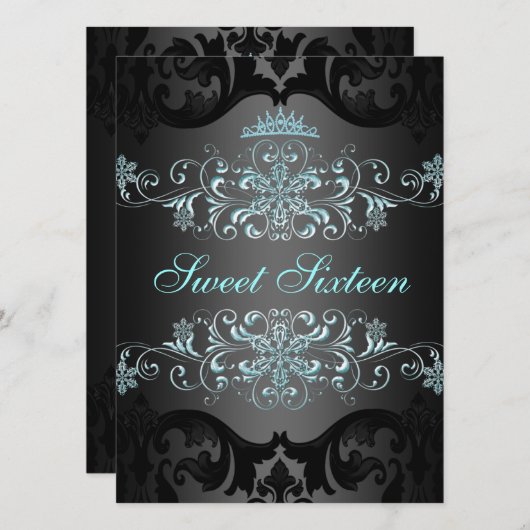 ブルースウィート16エレガントティアラダマスク誕生日招待状 招待状 (正面/裏面)