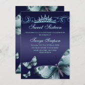 ブルースウィート16バタフライ&ティアラ誕生日招待状 招待状 (正面/裏面)