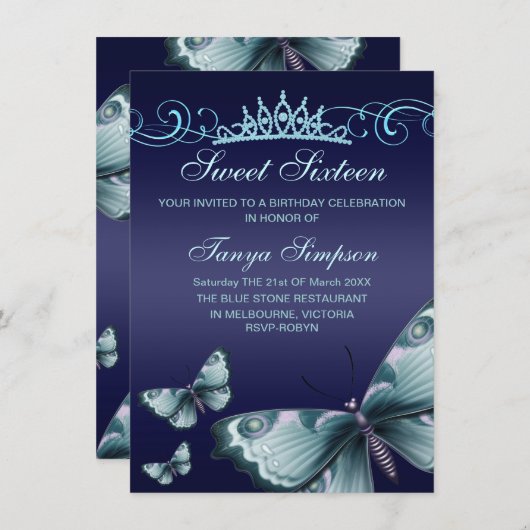 ブルースウィート16バタフライ&ティアラ誕生日招待状 招待状 (正面/裏面)