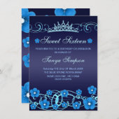 ブルースウィート16フラワー&ティアラ誕生日招待状 招待状 (正面/裏面)