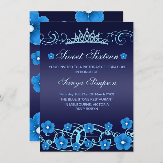 ブルースウィート16フラワー&ティアラ誕生日招待状 招待状 (正面/裏面)