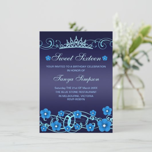 ブルースウィート16フラワー&ティアラ誕生日招待状 招待状 (スタンド正面)