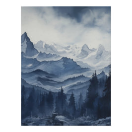 ブルースウォーターカラーの険しい山と松 ポスター