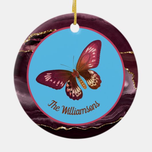 ブルースカイと明るいバーガンディメリーバタフライ セラミックオーナメント (裏面)