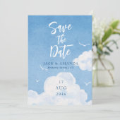 ブルースカイウォーターカラーウェディング日付カードを保存 招待状 (スタンド正面)