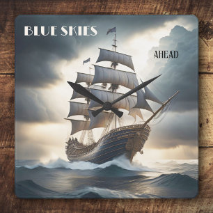 ブルースカイズアヘッドアンティーク帆船 スクエア壁時計