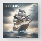 ブルースカイズアヘッドアンティーク帆船 スクエア壁時計 (正面)