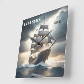 ブルースカイズアヘッドアンティーク帆船 スクエア壁時計 (傾斜)