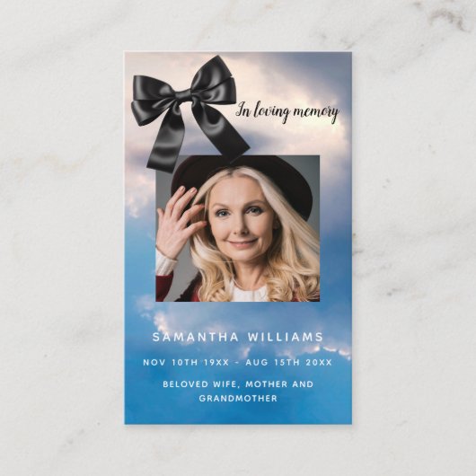 ブルースカイブラックボウ写真葬式祈りの言葉カード 名刺 (正面)