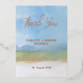 ブルースカイ色彩の鮮やかランドスケープ結婚の感謝 箔招待状 (正面)