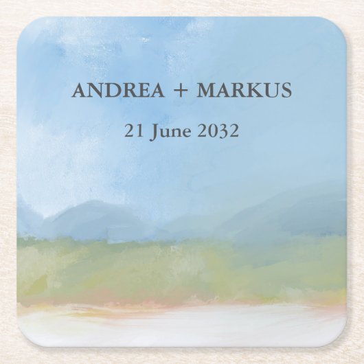 ブルースカイ色彩の鮮やか横向結婚き スクエアペーパーコースター (正面)