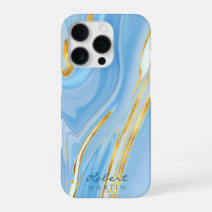 ブルースカイ金ゴールドグリッター大理石カスタマイズ iPhone 16 PROケース
