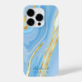 ブルースカイ金ゴールドグリッター大理石カスタマイズ iPhone 16 PROケース