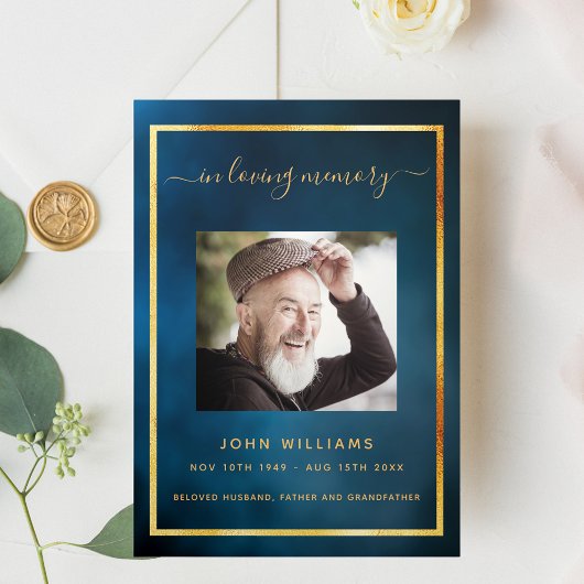 ブルースカイ金ゴールド写真三回葬儀プログラム 三つ折り案内状