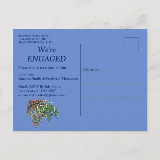 ブルースカイ、ふわふわの雲とピンクフラミンゴ インビテーションポストカード (裏面)