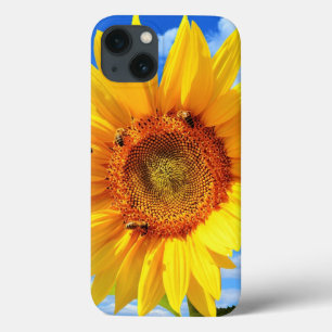 ブルースカイiPhoneケースに黄色のひまわりとミツバチ iPhone 13ケース