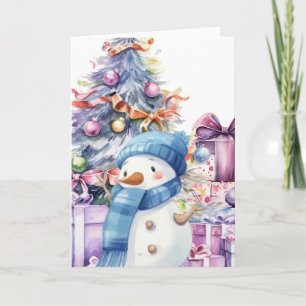 ブルースカーフ&クリスマスツリー付き可愛い水彩雪だるま カード