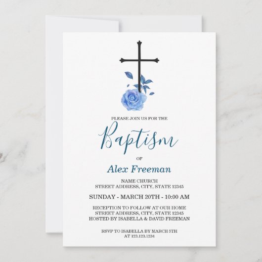 ブルースクエレガントリプトフローラバプテスマ&《キリスト教》洗礼式や命名式 招待状 (正面)