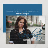 ブルースクエレガントリプト写真卒業招待状 招待状 (正面/裏面)