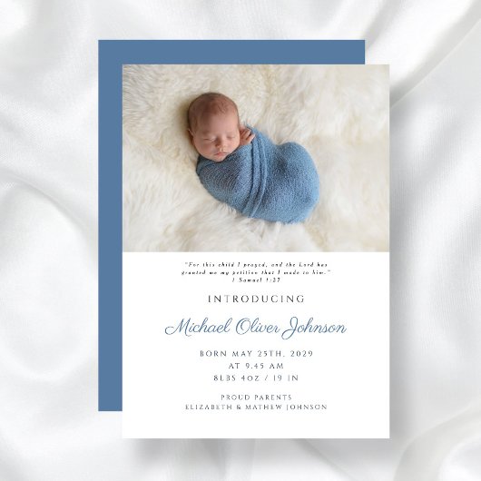 ブルースクモダンリプト男の赤ちゃん誕生写真 案内状