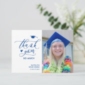 ブルースクリプエレガントトのミニマル写真卒業 サンキューカード (スタンド正面)