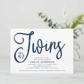 ブルースクリプトとピンク双子の赤ちゃんシャワー 招待状 (スタンド正面)